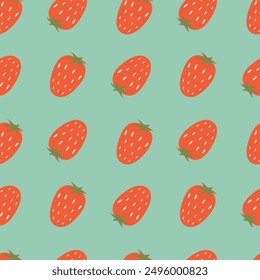 Strawberry seamless pattern. Red berries on a light blue background. Vector illustration for fabric, background, packaging, wrapping paper