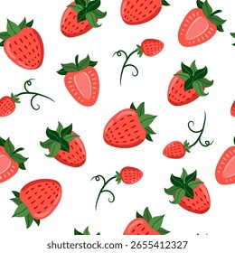 Patrón sin fisuras de fresa. Fresas rojas con hojas sobre fondo blanco. Jugosas bayas de verano. Ilustración vectorial para imprimir en tela, embalaje, papel, Fondo de pantalla.