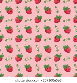 Strawberry seamless pattern. Repeating pattern with strawberries. Summer pattern on pink background. Juicy red seamless strawberries with flowers