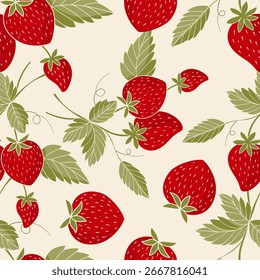 nahtloses Erdbeermuster mit reifen roten Früchten und grünen Blättern auf cremefarbenem Hintergrund, perfekt für Sommertextilien, Umschlagpapier und frische Lebensmitteldesigns.