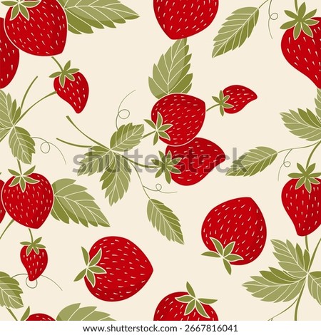 strawberry seamless pattern with ripe red fruits and green leaves on a cream background, perfect for summer textiles, wrapping paper, and fresh food designs.
