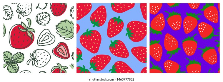 Strawberry seamless pattern set. Clothing fashion design. Hand drawn fresh berry. Vector sketch background. Food print for dress, kitchen curtain or tablecloth. Doodle wallpaper