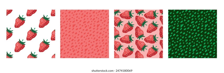 Erdbeere nahtlose Muster Satz von vier. Handgezeichnete Vektorgrafik Doodle Print mit Red Berry Hintergrund und abstrakten Mustern. Beeren Bio-Lebensmittel für Dessertmenü, Bildschirmhintergrund, Textil, Verpackung, Verpackung