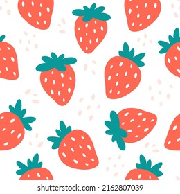 Strawberry seamless pattern. Simple summer berry ornament. Doodle, flat, hand drawn texture for wallpaper, textile, fabric, paper. Vector ilustration