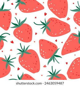 Strawberry seamless pattern. Summer background with strawberries and hand drawn hearts, strawberry wallpaper, cute vector design for cards, fabric, wrapping paper