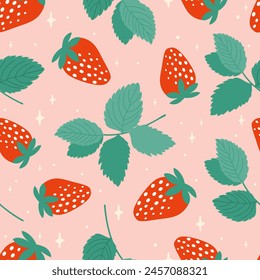 Strawberry seamless pattern. Summer design with berries. Fantastic background with stars and strawberries. Leaves and berries. Tasty and cute vector pattern. Abundance of strawberries and stars