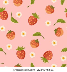 Strawberry seamless pattern. Tasty Repeating background with strawberry berries, leaves and flowers. Perfect for fabric, gift wrap, packaging. Summer fruit on pink. Hand-drawn vector illustration
