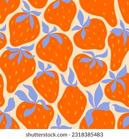 Strawberry seamless pattern. Trendy flat distorted summer berries in red and blue print for kitchen fabric, cute stationery, posters and backgrounds. Retro style sweet graphic design.