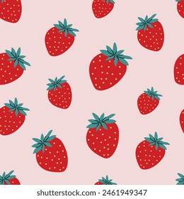 Strawberry seamless pattern. Trendy summer background. Vector illustration in hand drawn flat style. Vector print for fabric or wallpaper.