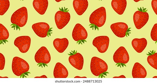 Strawberry seamless pattern. Trendy summer Berries fruit strawberry with green leaves on pistachio green background. Hand drawn flat style for textile prints cards design wallpaper Vector illustration