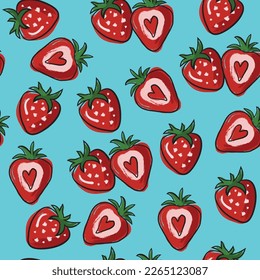 Strawberry seamless pattern. Vector drawn fruit and inside sliced pieces shaped like a heart. Summer tropical endless background. Vector fruit design for label, fabric, packaging, wallpaper.