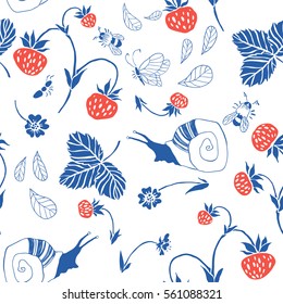 Strawberry. Seamless pattern. Vector floral texture with forest berries. Hand drawn illustration with plants, snail, butterfly and bee.