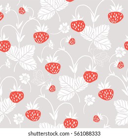 Strawberry. Seamless pattern. Vector floral texture with forest berries. Hand drawn illustration with plants and butterfly.