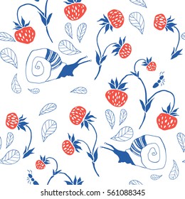 Strawberry. Seamless pattern. Vector floral texture with forest berries. Hand drawn illustration with plants and snails.