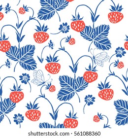 Strawberry. Seamless pattern. Vector floral texture with forest berries. Hand drawn illustration with plants and butterfly.