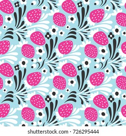 Strawberry. Seamless pattern. Vector floral texture with pink forest berries on blue background.