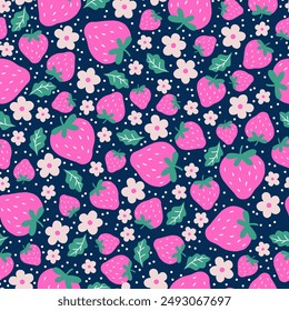 Strawberry seamless pattern. Vector illustration. Seamless pattern of cute little strawberries, leaves and flowers on a beautiful blue background with polka dots.