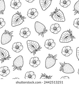 Strawberry seamless pattern, vector strawberries line art illustration, hand drawn botanical outline illustration. Monochrome drawing. For coloring book, background, pattern, packaging, logo, textile.