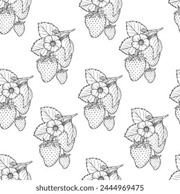 Strawberry seamless pattern, vector strawberries line art illustration, hand drawn botanical outline illustration. Monochrome drawing. For coloring book, background, pattern, packaging, logo, textile.