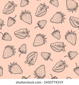 Strawberry seamless pattern, vector strawberries black line art illustration on pink background, hand drawn botanical outline illustration. Monochrome drawing. For background, packaging, textile.