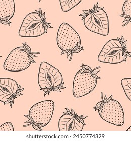 Strawberry seamless pattern, vector strawberries black line art illustration on pink background, hand drawn botanical outline illustration. Monochrome drawing. For background, packaging, textile.