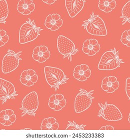 Strawberry seamless pattern, vector strawberries white line art illustration on pink background, hand drawn botanical outline illustration. Monochrome drawing. For background, packaging, textile.