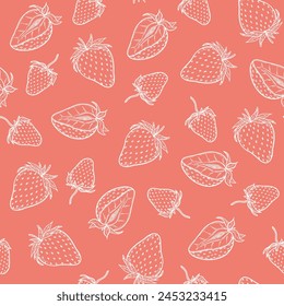 Strawberry seamless pattern, vector strawberries white line art illustration on pink background, hand drawn botanical outline illustration. Monochrome drawing. For background, packaging, textile.