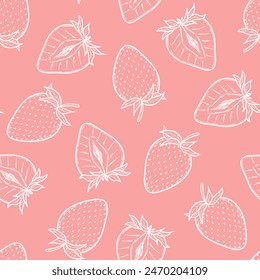 Strawberry seamless pattern, vector strawberries white line art illustration on pink background, hand drawn botanical outline illustration. Monochrome drawing. For background, packaging, textile.