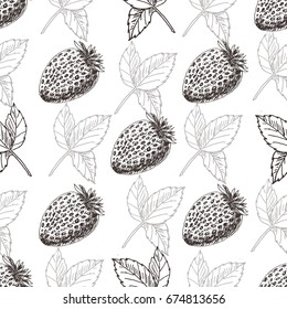 Strawberry seamless pattern. Vintage botanical background with berries and leaves. Vector hand drawn ink floral engraved illustration