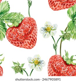 Strawberry seamless pattern, watercolor. Flowers, leaves, berries. Vector illustration. Packaging paper, fabric, wallpaper, textiles, covers, labels.