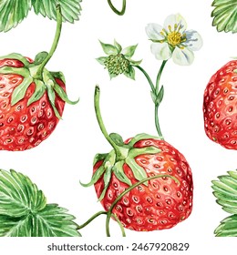 Erdbeere nahtloses Muster, Aquarell. Blüten, grüne Blätter und rote Beeren. Vektorillustration. Für Verpackungspapier, Stoff, Bildschirmhintergrund, Textilien, Abdeckungen, Saftetiketten, Marmelade, Kosmetikprodukte.