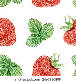 Strawberry seamless pattern, watercolor. Green leaves and berries. Vector illustration. For packaging paper, wallpaper, textiles, fabric, covers, tea labels, jam, cosmetics.