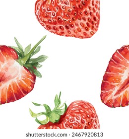 Strawberry seamless pattern, watercolor. Whole and half berries. Vector illustration. For packaging paper, fabric, wallpaper, textiles, covers, juice labels, jam, cosmetic products.