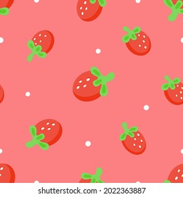 Patrón de fresa sin fisuras con puntos blancos. Deliciosas fresas colocadas al azar sobre un fondo rosado. Fresa redondeada con patrón de puntos de polka para tela, papel, textil, cubierta. Impresión vectorial.