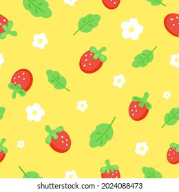 Strawberry seamless pattern with white flowers. Strawberries leaves randomly located on a yellow background. Small Strawberry with leaf pattern for fabric, paper, textile, cover, notebook. Vector.