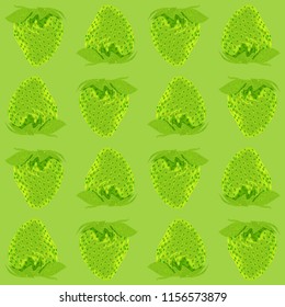 Strawberry seamless pattern whole berries, top view green tone background. Vector stock illustration