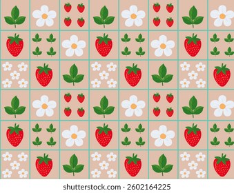 Strawberry seamless patterns in a cage. Vector pattern with red strawberries. Background of red berries, flowers and green leaves. Geometric print for banners, textiles, printing.
