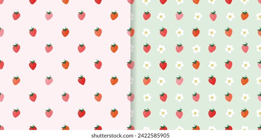 Strawberry seamless patterns set, fruits wallpaper, simple background design, vector