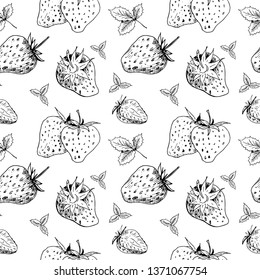 Strawberry seamless sketch pattern. Isolated hand drawn berry without background. Wallpaper pattern, doodle of strawberry. Vector backdrop.