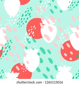 Strawberry seamless texture, background. Geometric, spotted, strawberry pattern. For wrapping paper, textiles, home decor, wallpaper, baby cloth. 