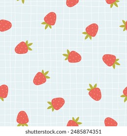 Strawberry seamless vector pattern with berry in simple hand drawn cartoon kawaii style. Pastel palette, cute beige unisex on blue lattice background. Ideal for printing baby textiles, clothes