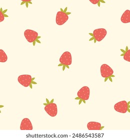 Strawberry seamless vector pattern with berry in simple hand drawn cartoon kawaii style. Pastel palette, cute beige unisex background. Ideal for printing baby textiles, clothes