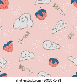 Strawberry seamless vector pattern with clouds and flowers in doodle style