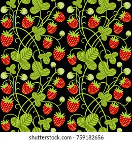 Strawberry seamless vector pattern on black background. 