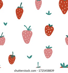 Strawberry seamless vector pattern. Summer hand drawn background. Trendy childish pattern with berries for nursery, prints, textile, wrapping paper, birthdays, invitations. Simple vector illustration