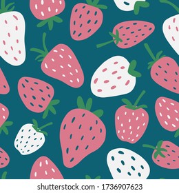 Erdbeere nahtloses Vektormuster. Sommer Hand gezeichnet Hintergrund. Trendy kindisches Muster mit Beeren für Kindergarten, Drucken, Textilien, Packpapier, Geburtstage, Einladungen. Einfache Vektorgrafik