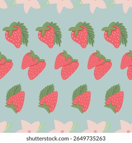 Aardbei Naadloze Vector Patronen met Bloemen en Polka Dot Elementen