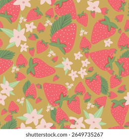 Aardbei Naadloze Vector Patronen met Bloemen en Polka Dot Elementen