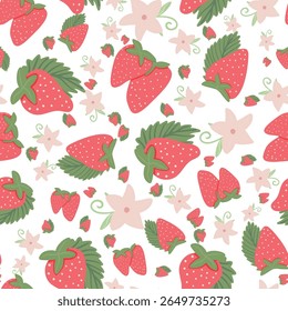 Strawberry Seamless Vector Patterns with Floral and Polka Dot Elements