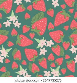 Aardbei Naadloze Vector Patronen met Bloemen en Polka Dot Elementen
